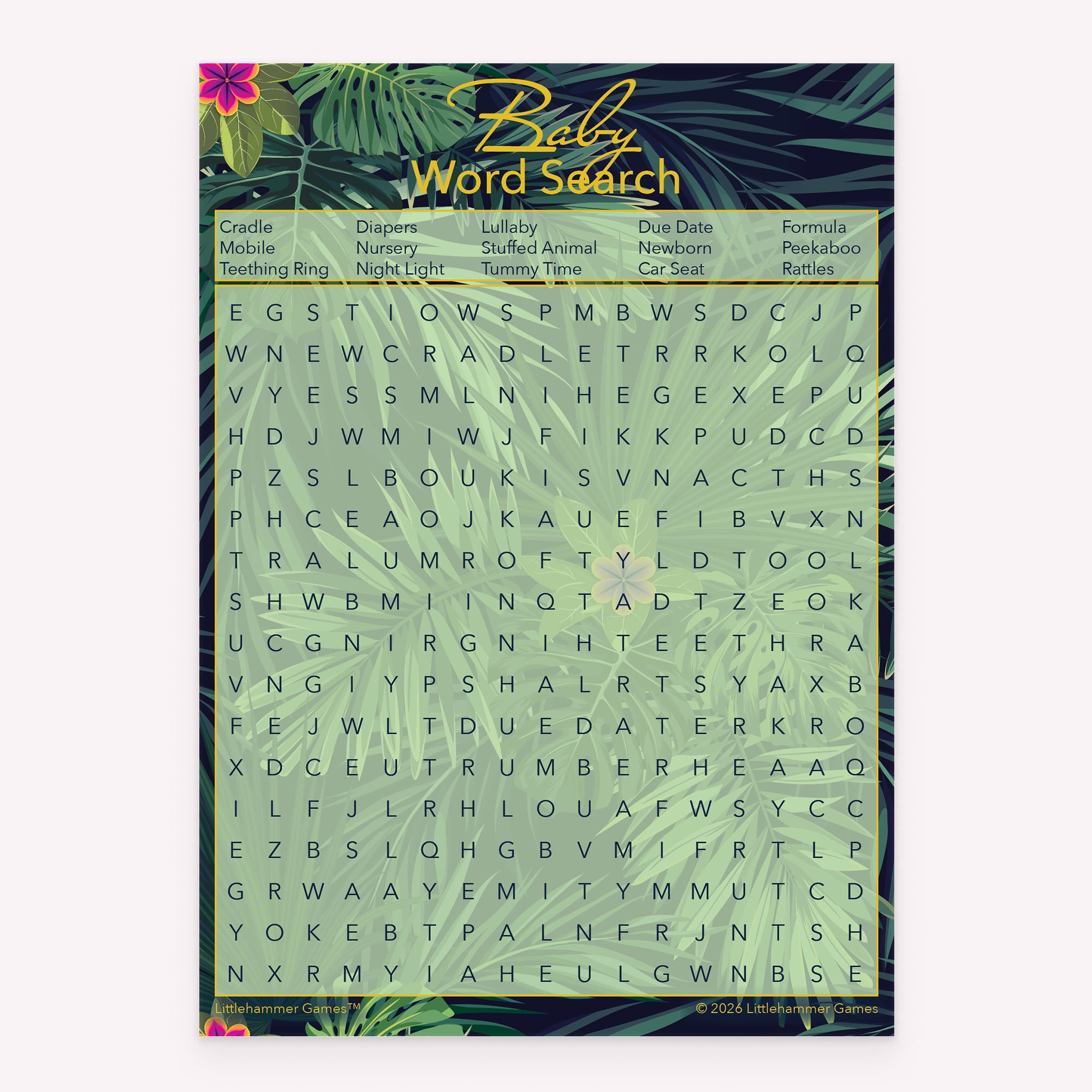 Baby Word Search baby shower printable game card featuring a tropical style