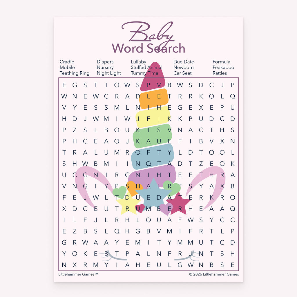 Baby Word Search baby shower printable card in unicorn theme