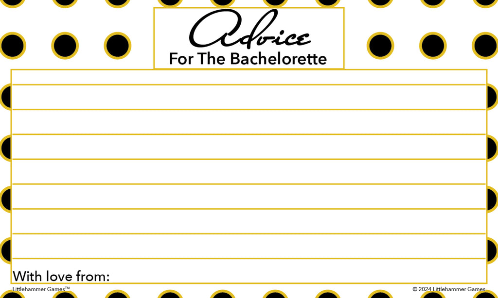 Printable black and gold polka dot bachelorette party advice card for bride-to-be wishes