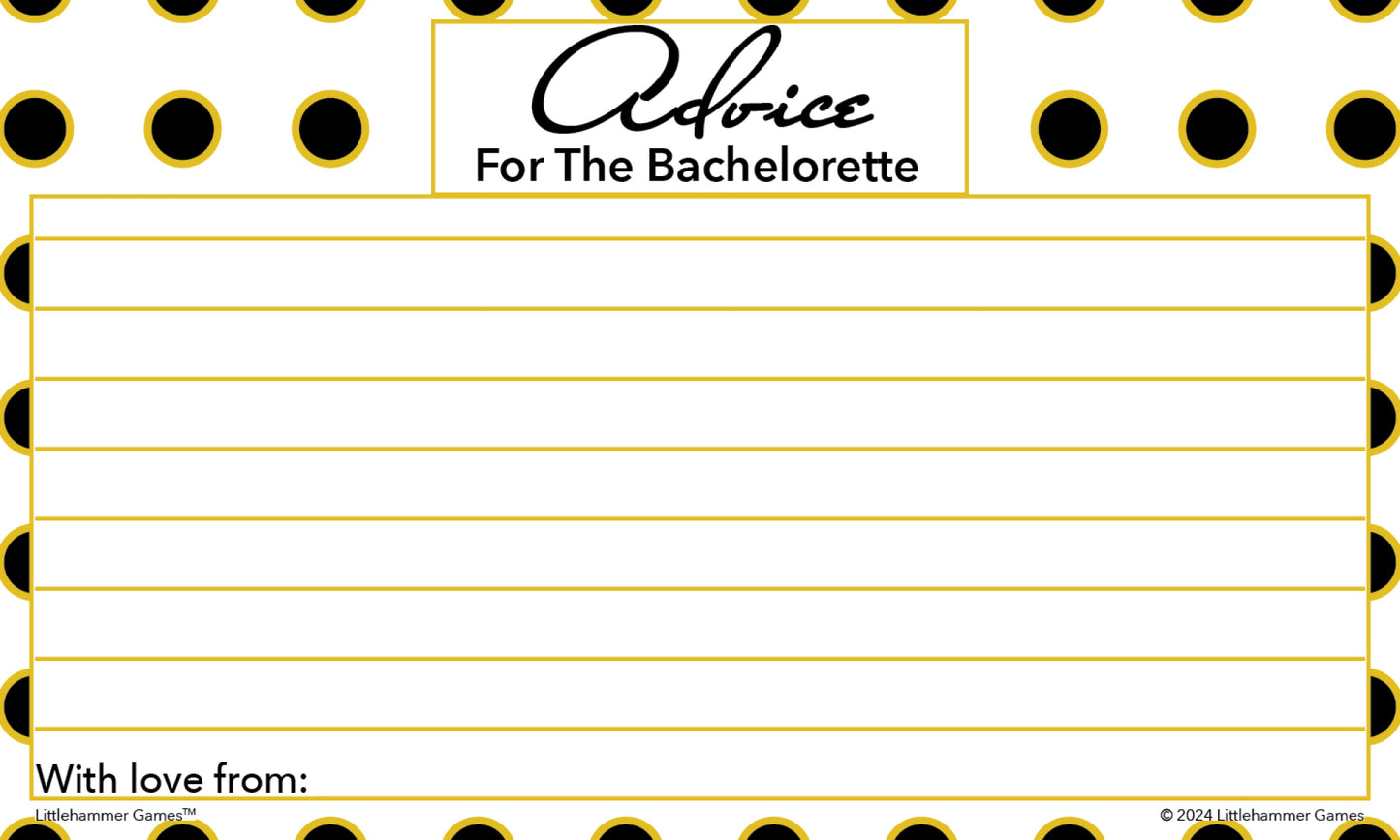 Printable black and gold polka dot bachelorette party advice card for bride-to-be wishes