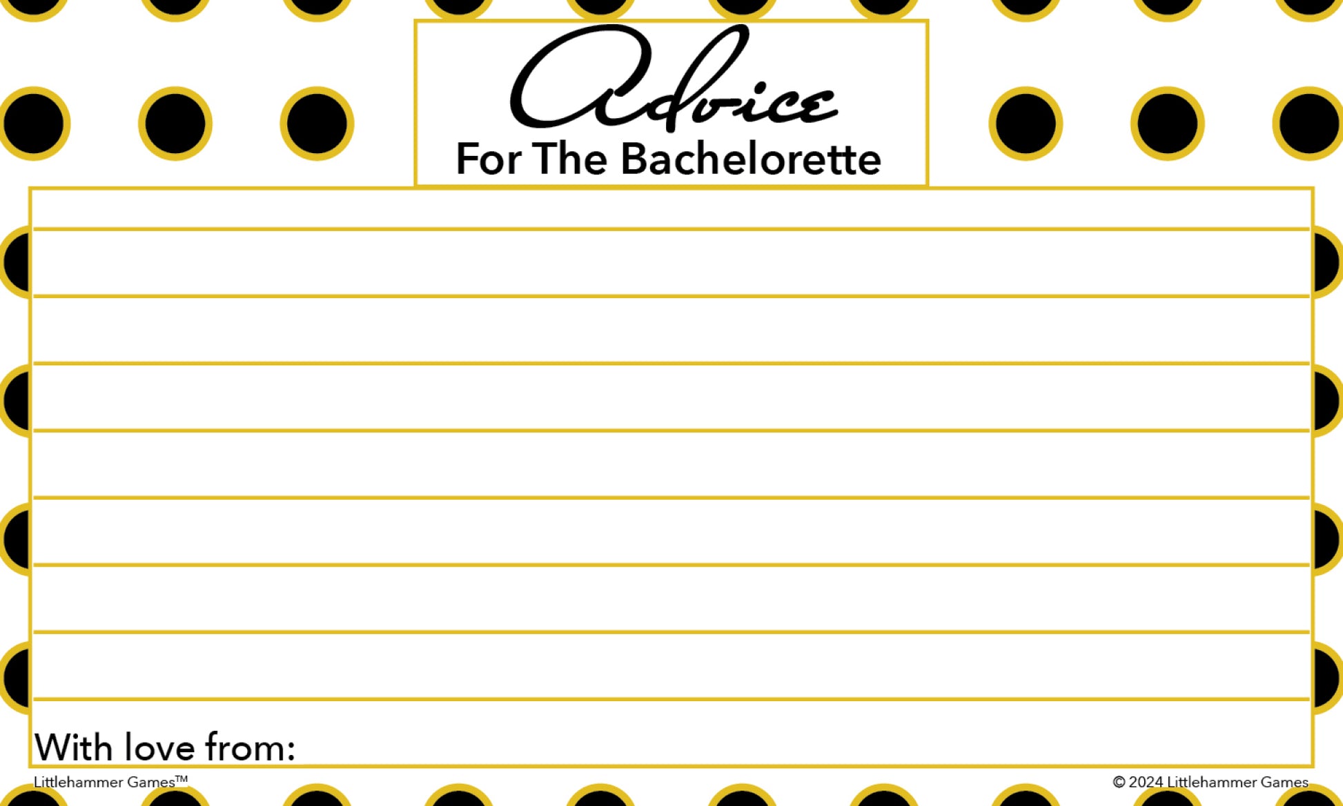 Printable black and gold polka dot bachelorette party advice card for bride-to-be wishes