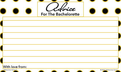 Printable black and gold polka dot bachelorette party advice card for bride-to-be wishes