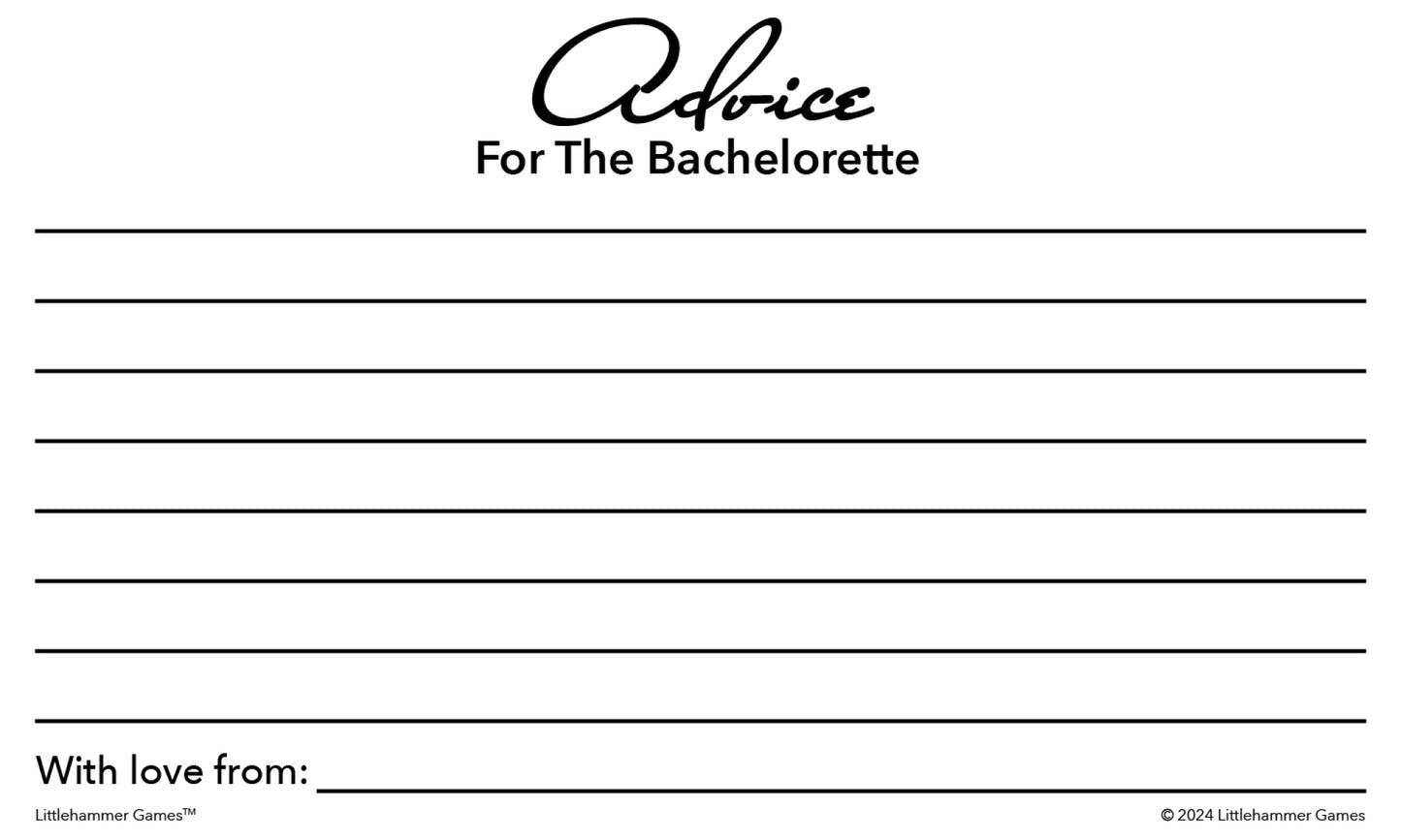 Black and white bachelorette advice card with lined space for guest messages