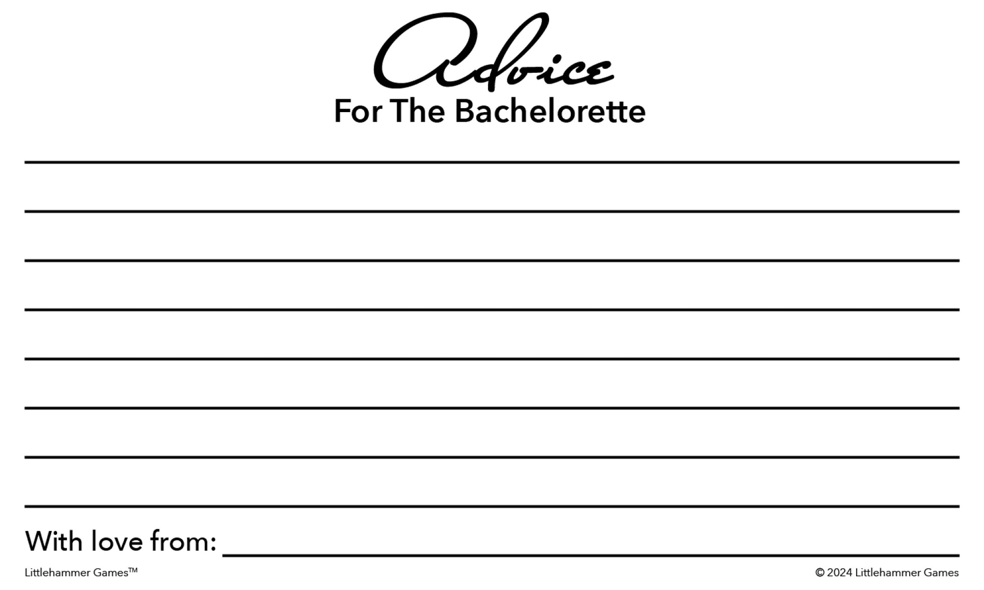 Black and white bachelorette advice card with lined space for guest messages