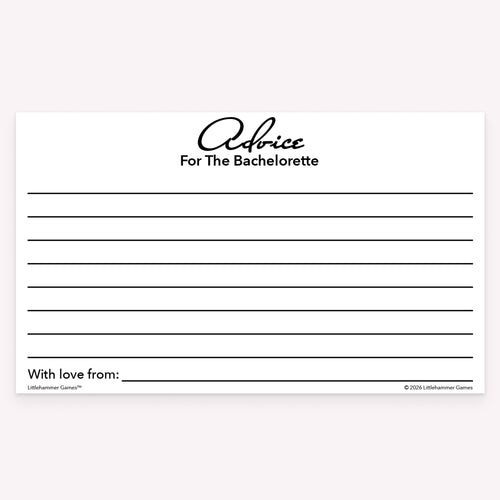Black and white bachelorette advice card with lined space for guest messages