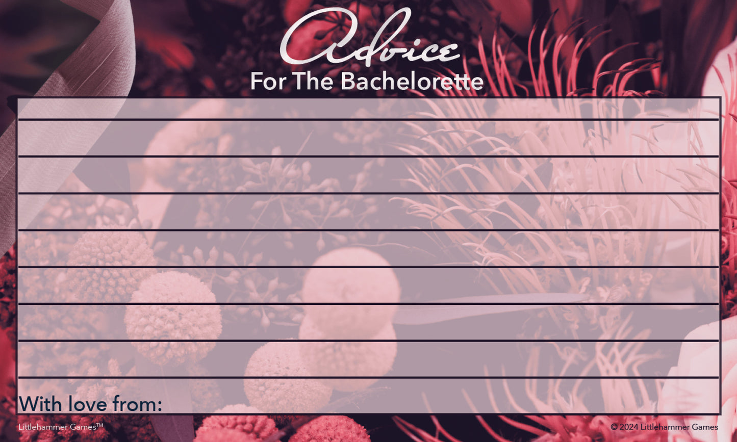 Dark floral bachelorette party card for sharing advice and tips
