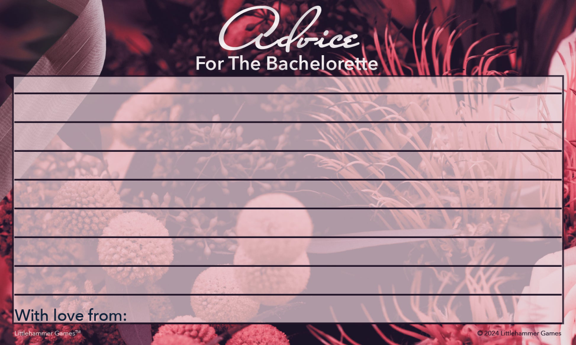 Dark floral bachelorette party card for sharing advice and tips