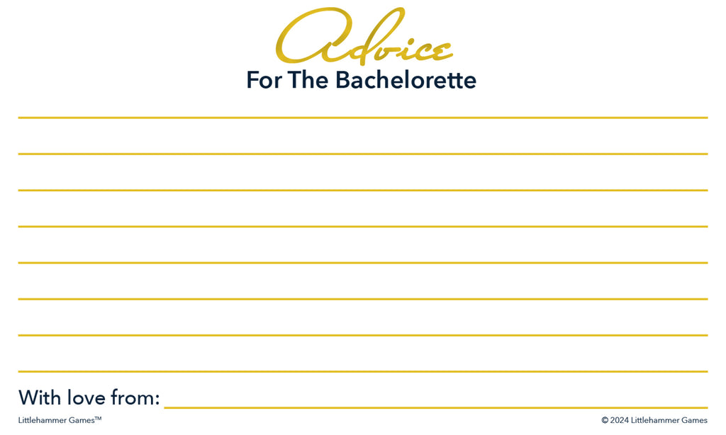 Gold and white Advice for the Bachelorette card with blank writing lines