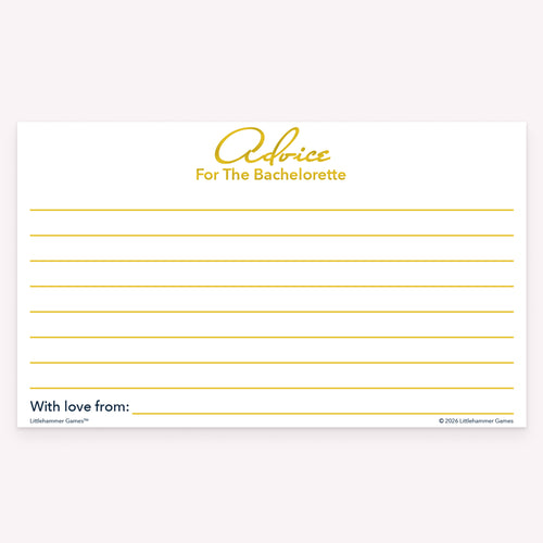 Gold and white Advice for the Bachelorette card with blank writing lines