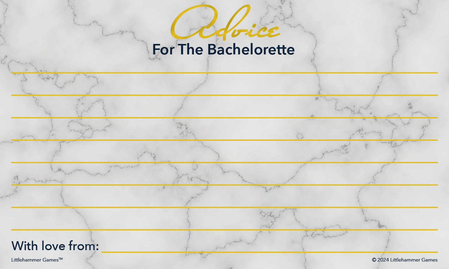 Gold and marble bachelorette party card featuring scripted “Advice for the Bachelorette” header