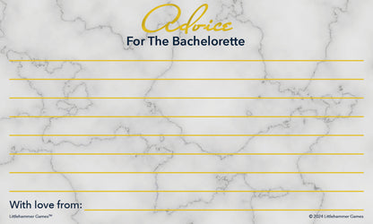 Gold and marble bachelorette party card featuring scripted “Advice for the Bachelorette” header