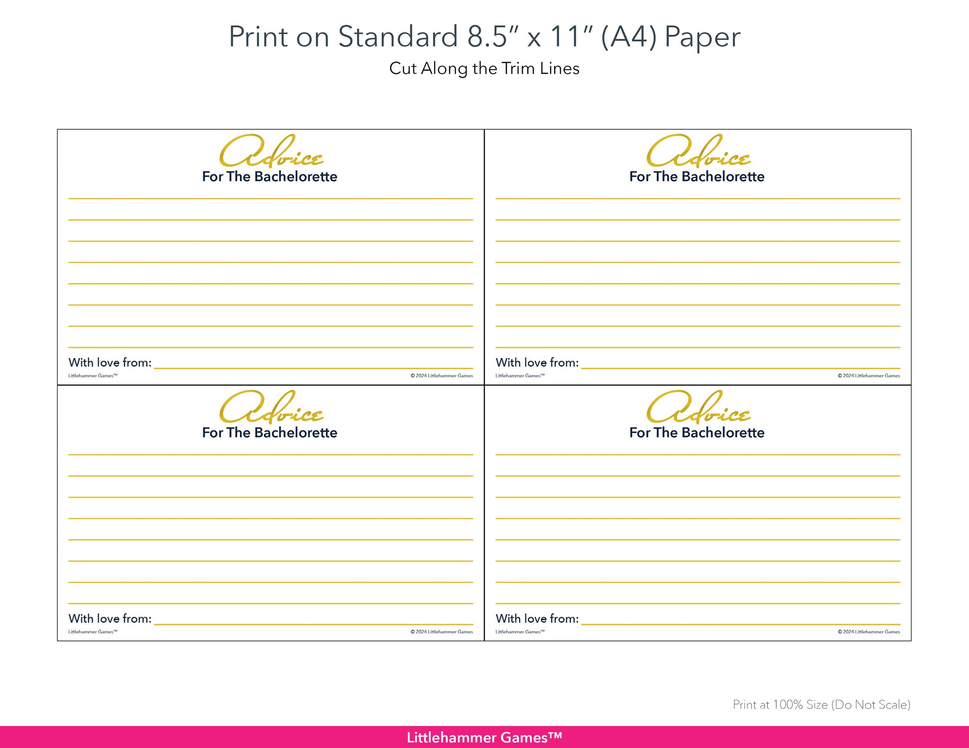 Printable gold Advice for the Bachelorette card layout showing US Letter size dimensions and printing information