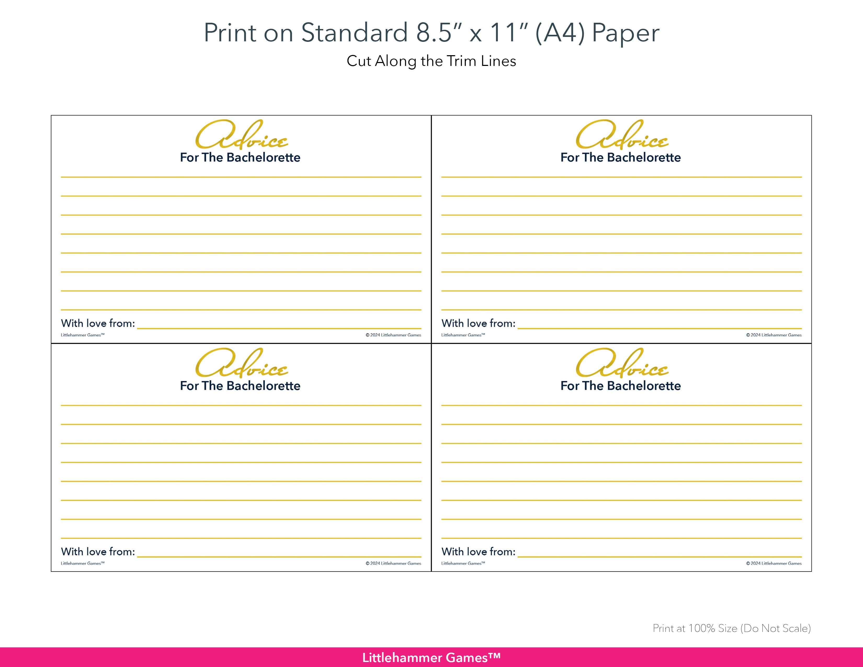 Printable gold Advice for the Bachelorette card layout showing US Letter size dimensions and printing information