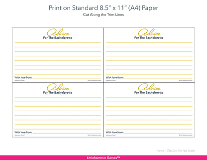 Printable gold Advice for the Bachelorette card layout showing US Letter size dimensions and printing information