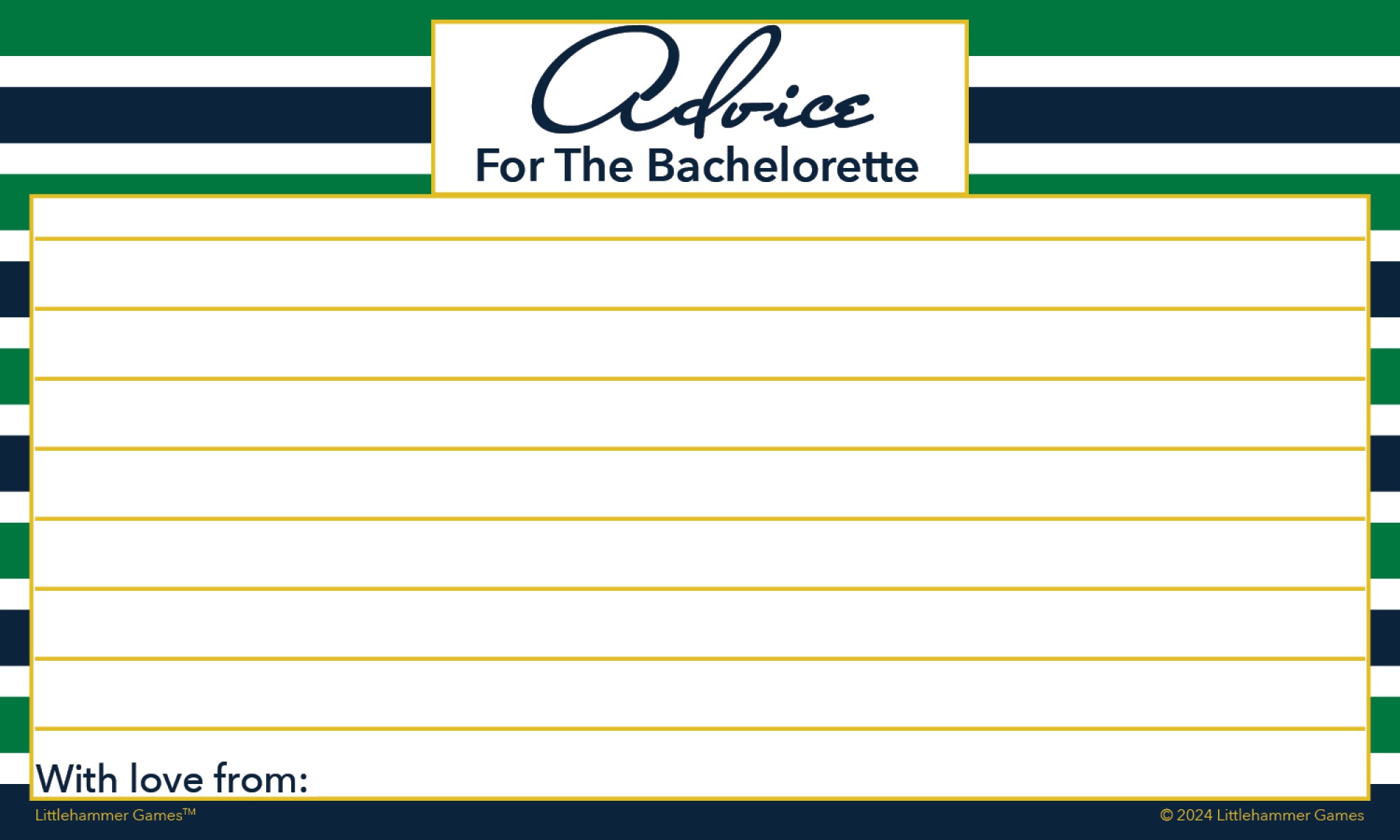 Green and navy-striped bachelorette bash advice card with clean lined layout