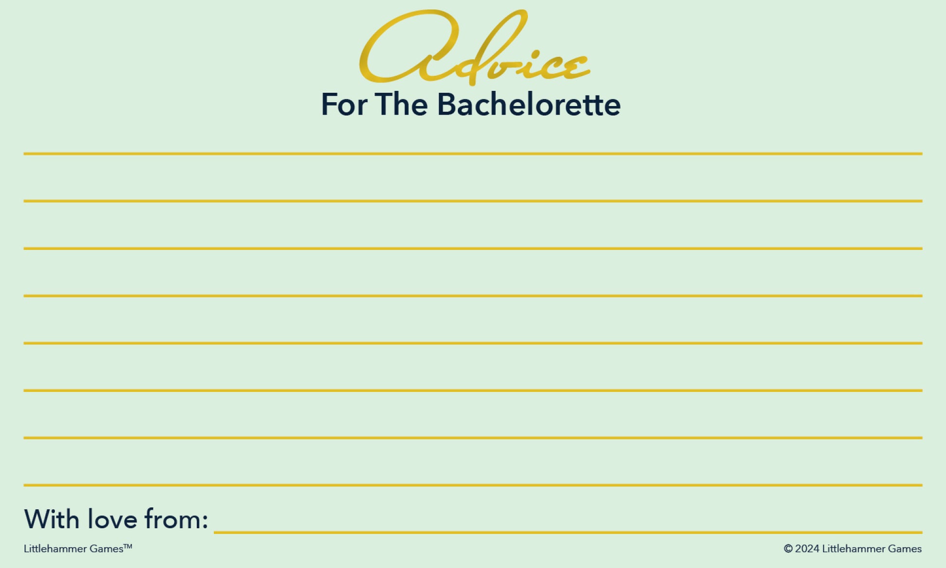 Printable mint and gold bachelorette bash advice card for the bride-to-be