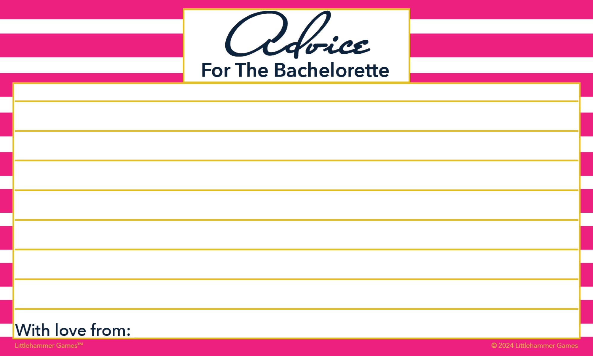 Pink-striped bachelorette party card with blank response lines