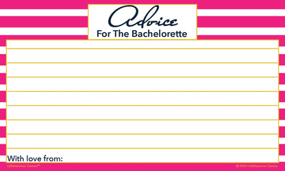 Pink-striped bachelorette party card with blank response lines