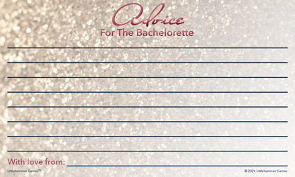 Glittery rose gold bachelorette advice card with structured message section