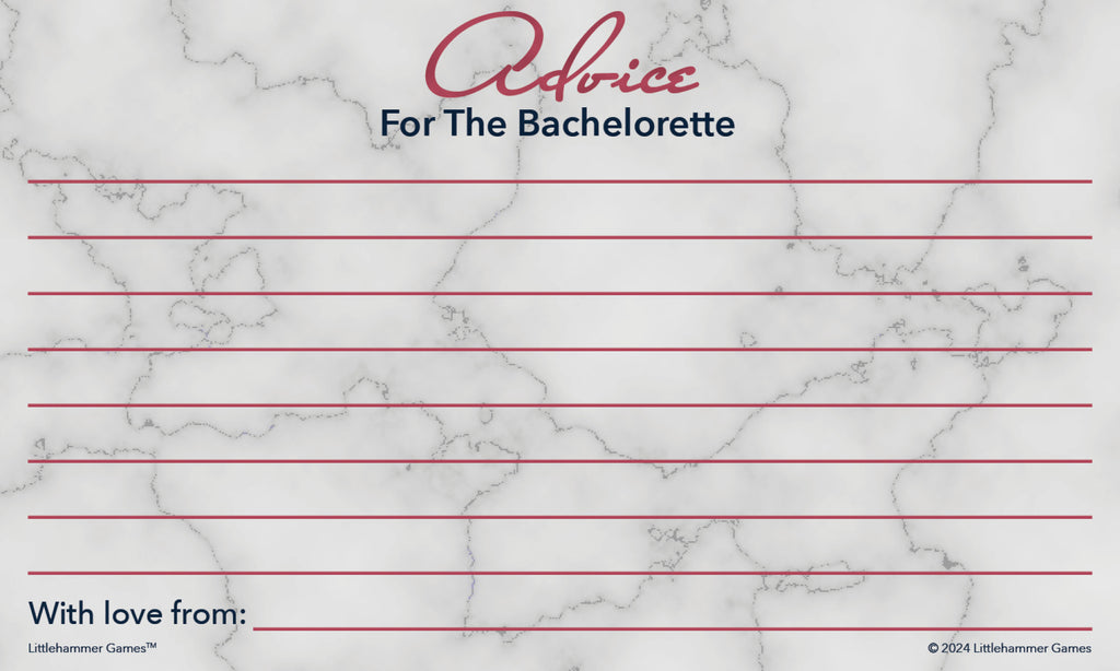 Rose gold and marble bachelorette advice card for fun guest notes