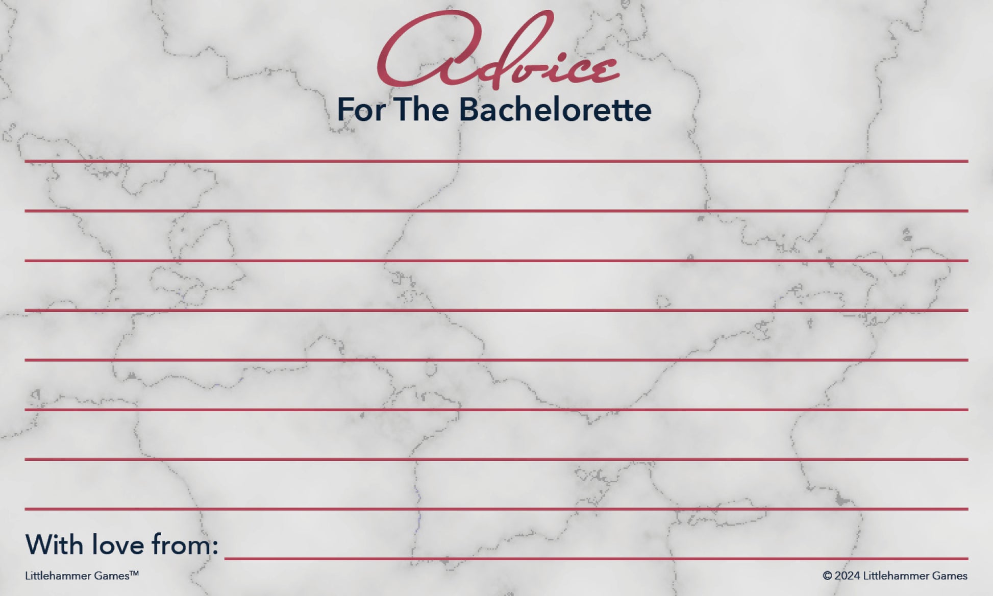 Rose gold and marble bachelorette advice card for fun guest notes