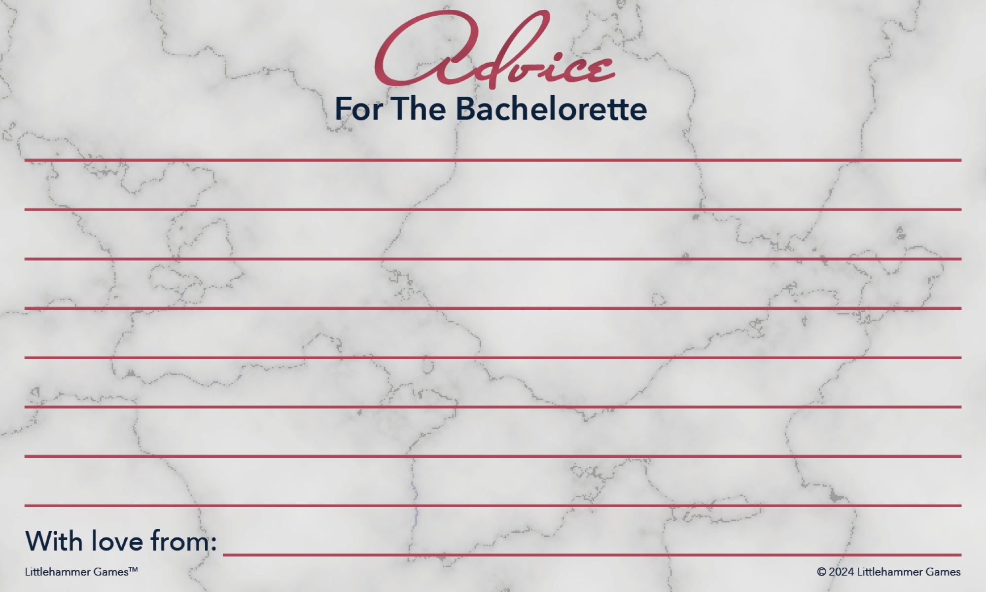 Rose gold and marble bachelorette advice card for fun guest notes