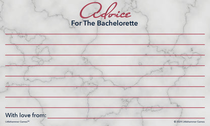 Rose gold and marble bachelorette advice card for fun guest notes