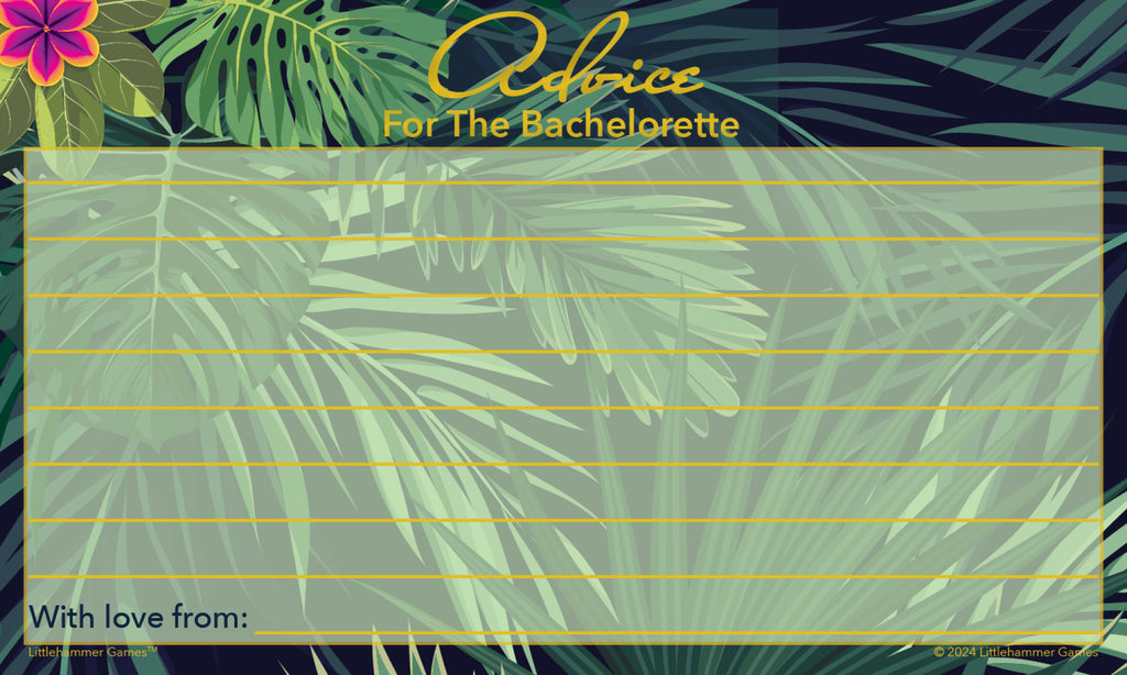 Tropical bachelorette advice card with lined message space and title text