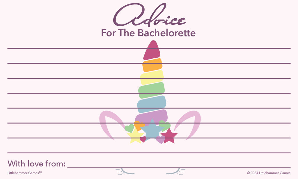 Unicorn bachelorette bash card with decorative style and message lines