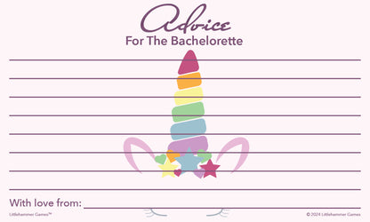 Unicorn bachelorette bash card with decorative style and message lines