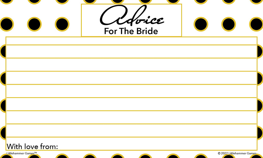 Black and gold polka dot wedding shower card titled “Advice for the Bride”