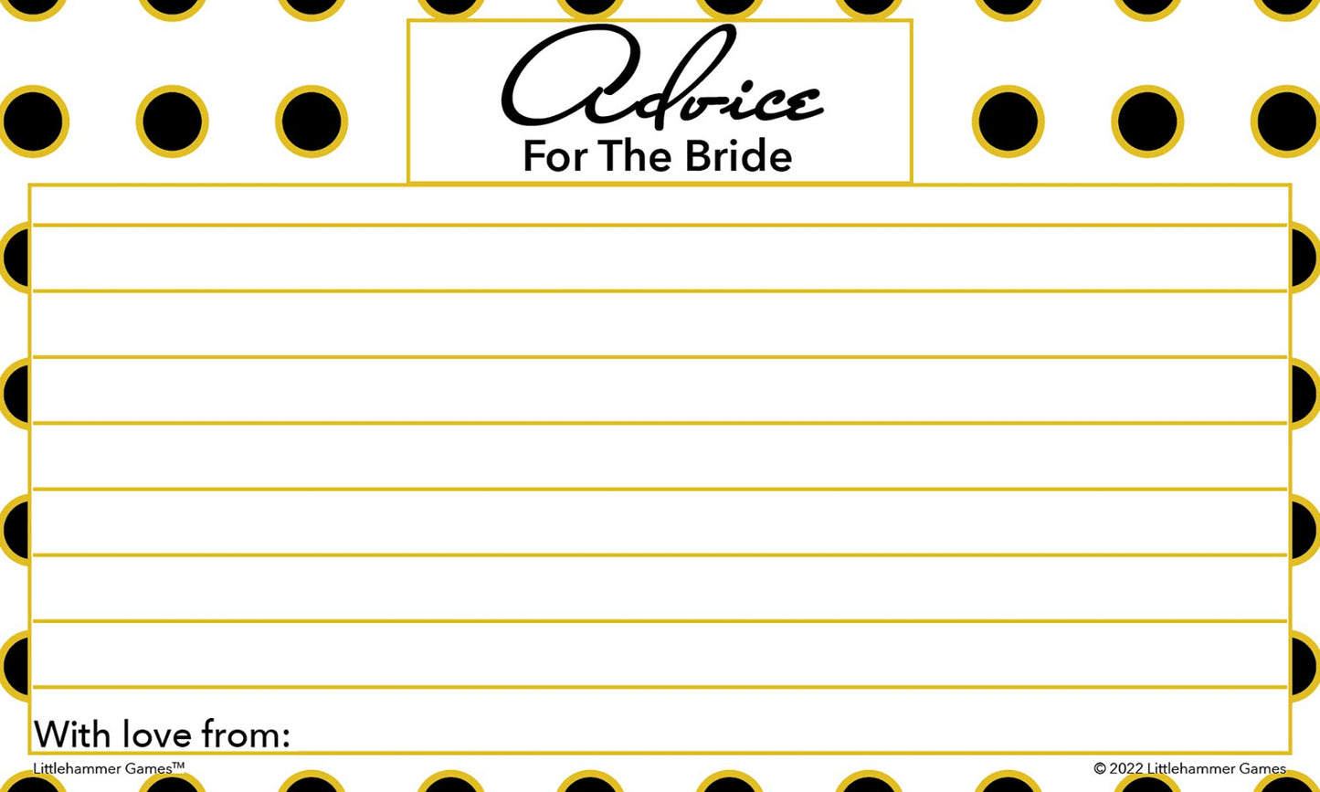 Black and gold polka dot wedding shower card titled “Advice for the Bride”