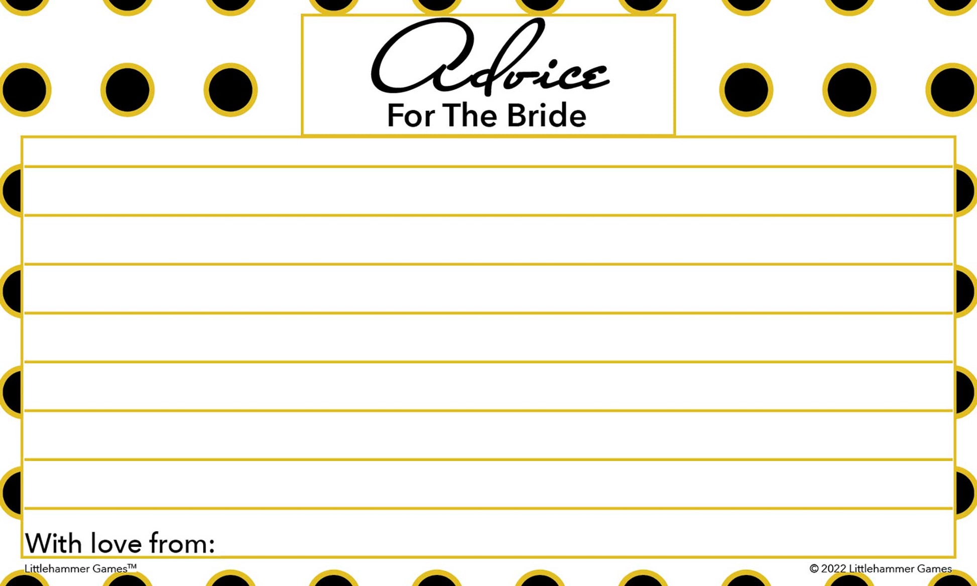 Black and gold polka dot wedding shower card titled “Advice for the Bride”