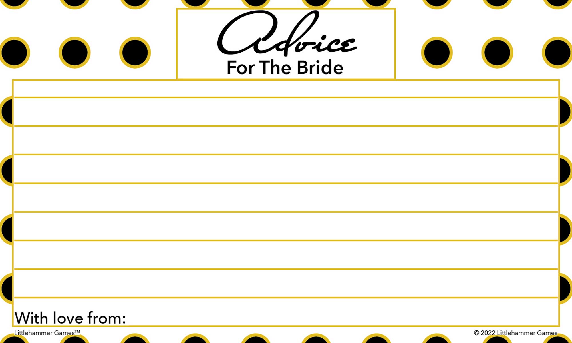 Black and gold polka dot wedding shower card titled “Advice for the Bride”