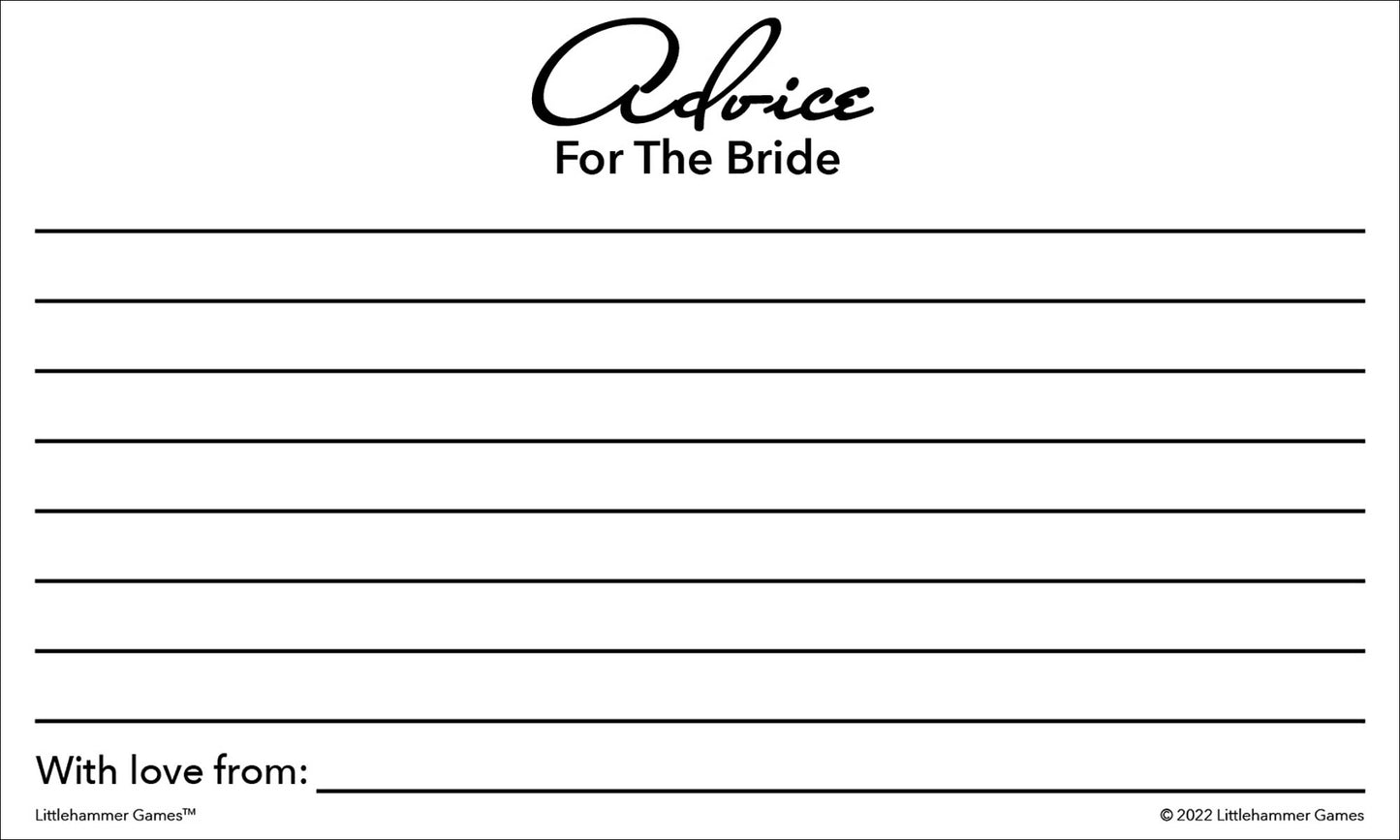 Black and white Advice for the Bride card with lined guest writing space