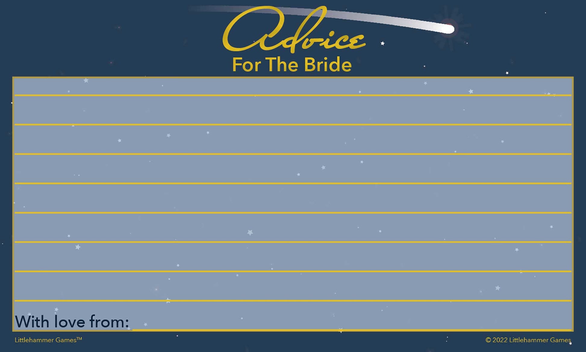 Celestial-themed Advice for the Bride card featuring guest message section