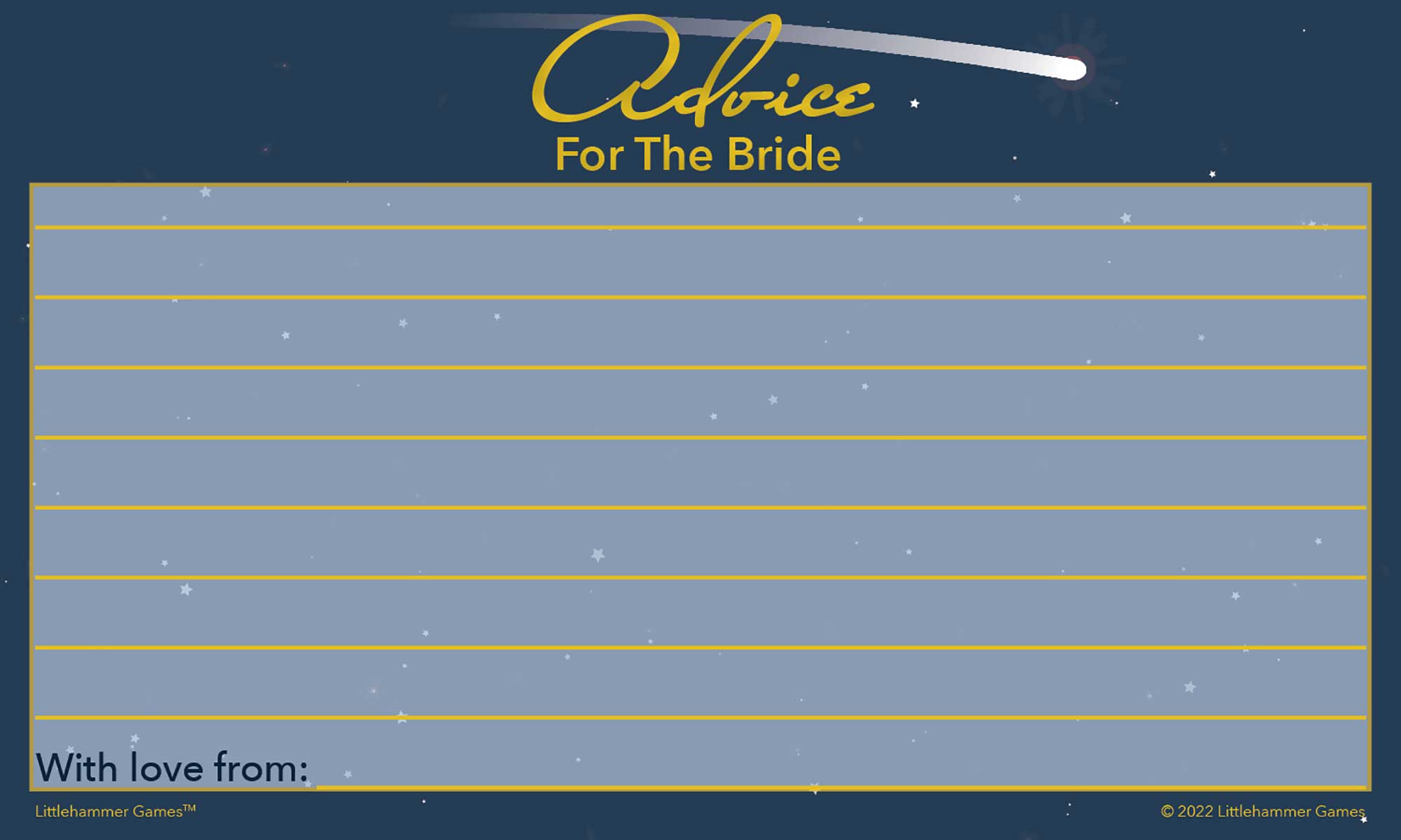 Celestial-themed Advice for the Bride card featuring guest message section