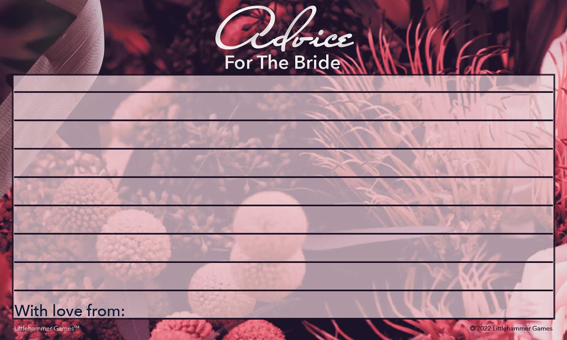 Floral wedding shower advice card with lined space for messages to the bride