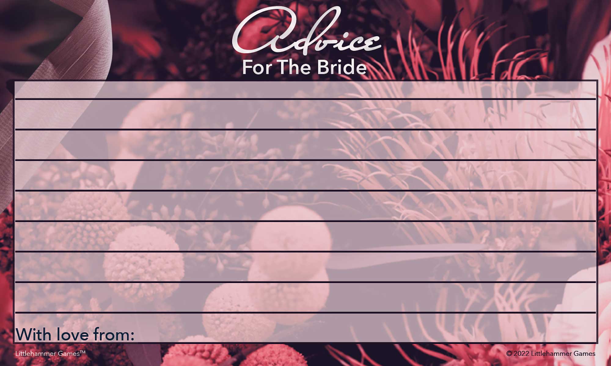 Floral wedding shower advice card with lined space for messages to the bride