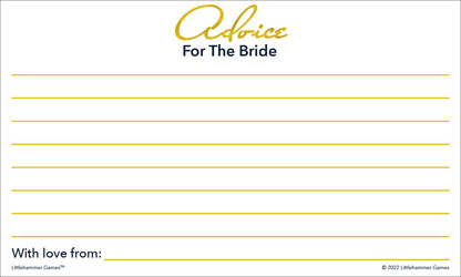 Gold and white bridal shower advice card featuring scripted “Advice for the Bride” heading