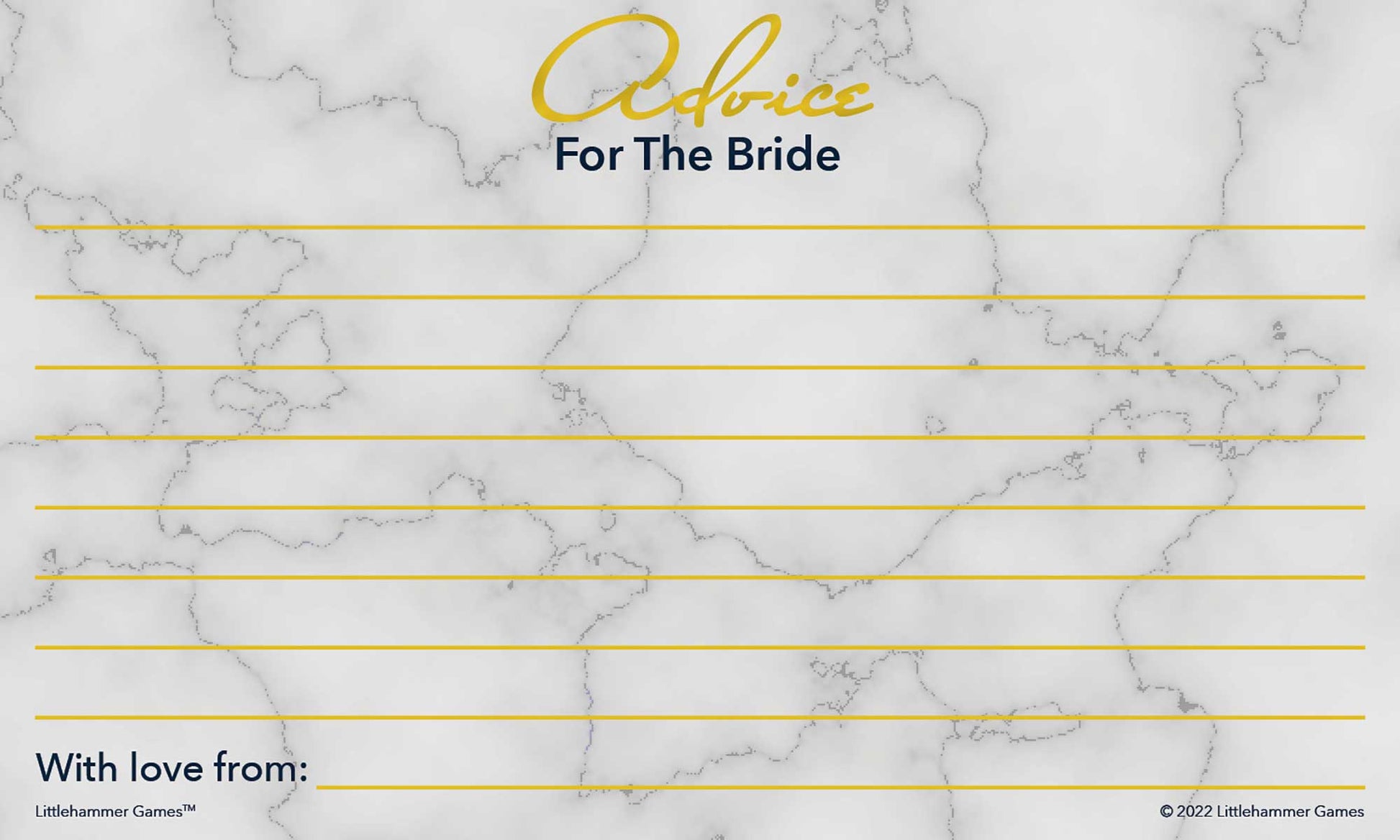 Printable gold and marble wedding shower card for sharing advice with the bride