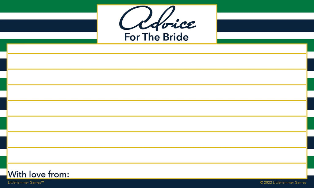 Green and navy-striped wedding shower advice card with clean message space