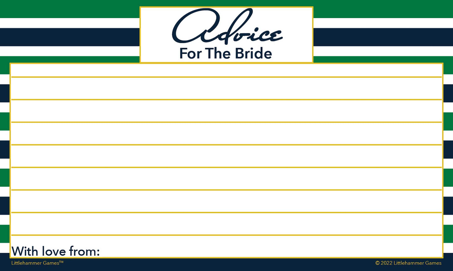 Green and navy-striped wedding shower advice card with clean message space