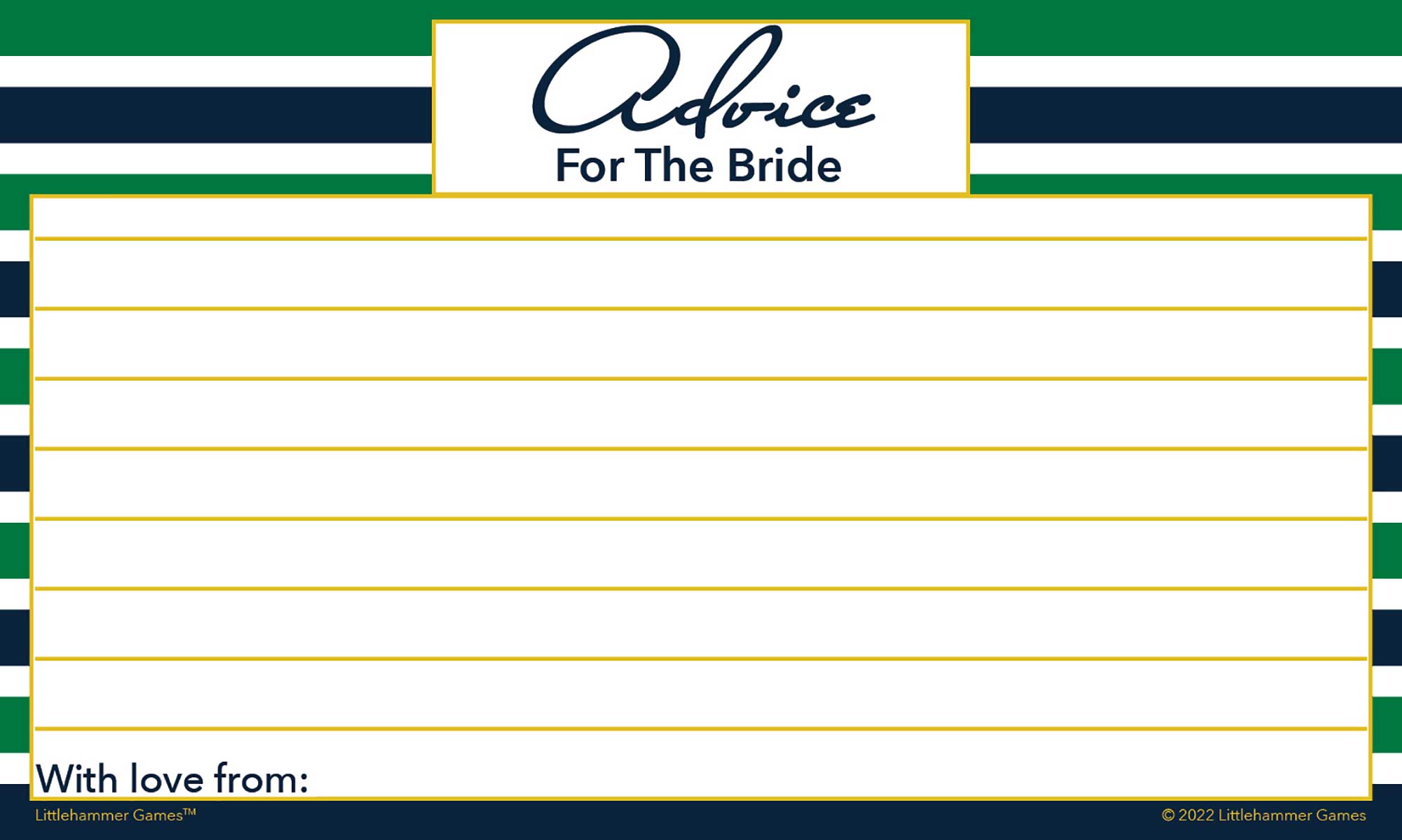 Green and navy-striped wedding shower advice card with clean message space