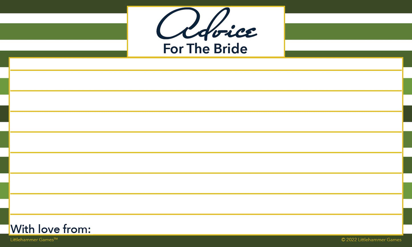 Green stripe bridal shower advice card with title text and response lines