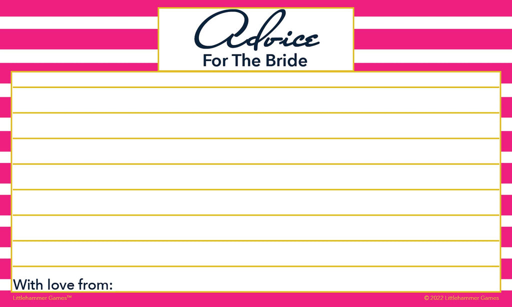 Pink-striped Advice for the Bride card with blank lines for guest notes