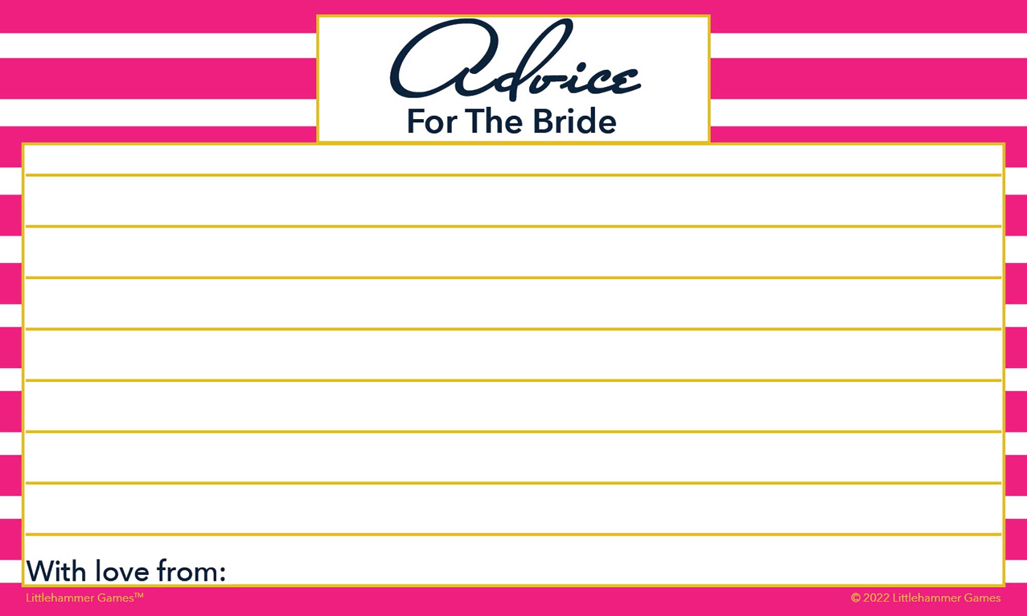 Pink-striped Advice for the Bride card with blank lines for guest notes