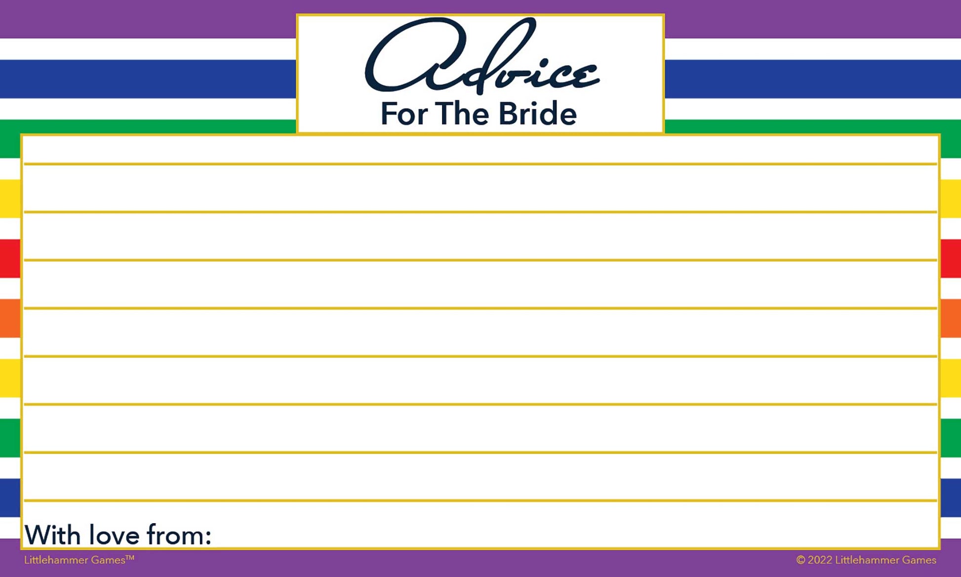 Printable rainbow stripe bridal shower advice card with simple lined design