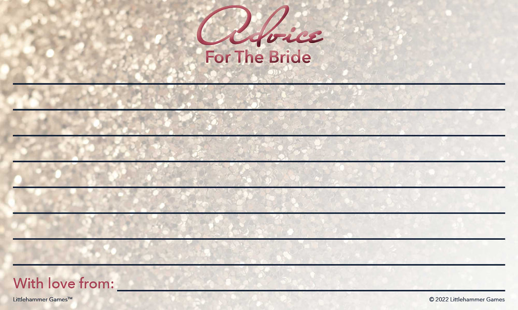 Printable glittery rose gold Advice for the Bride bridal shower card with lined layout