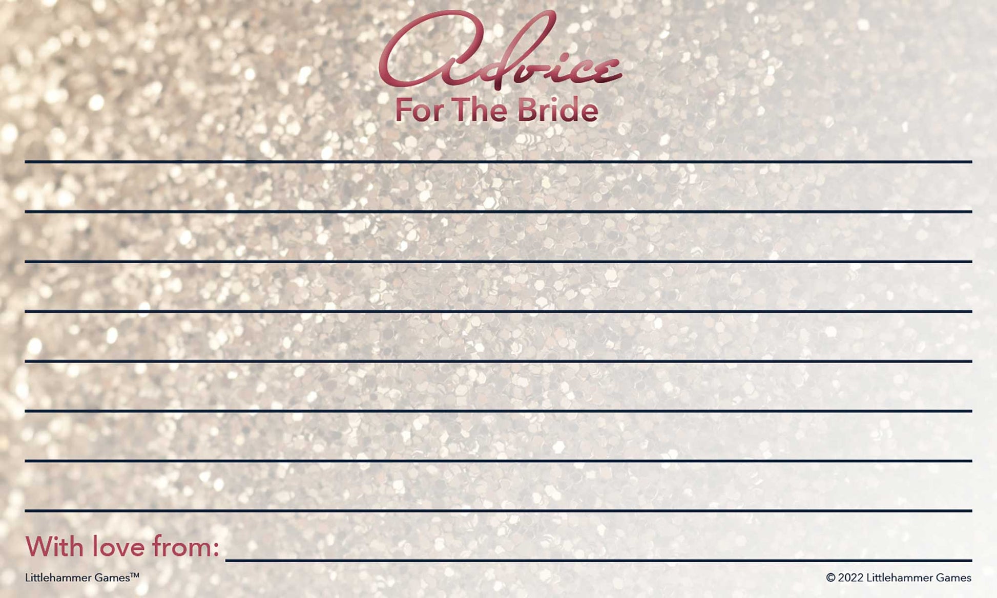 Printable glittery rose gold Advice for the Bride bridal shower card with lined layout